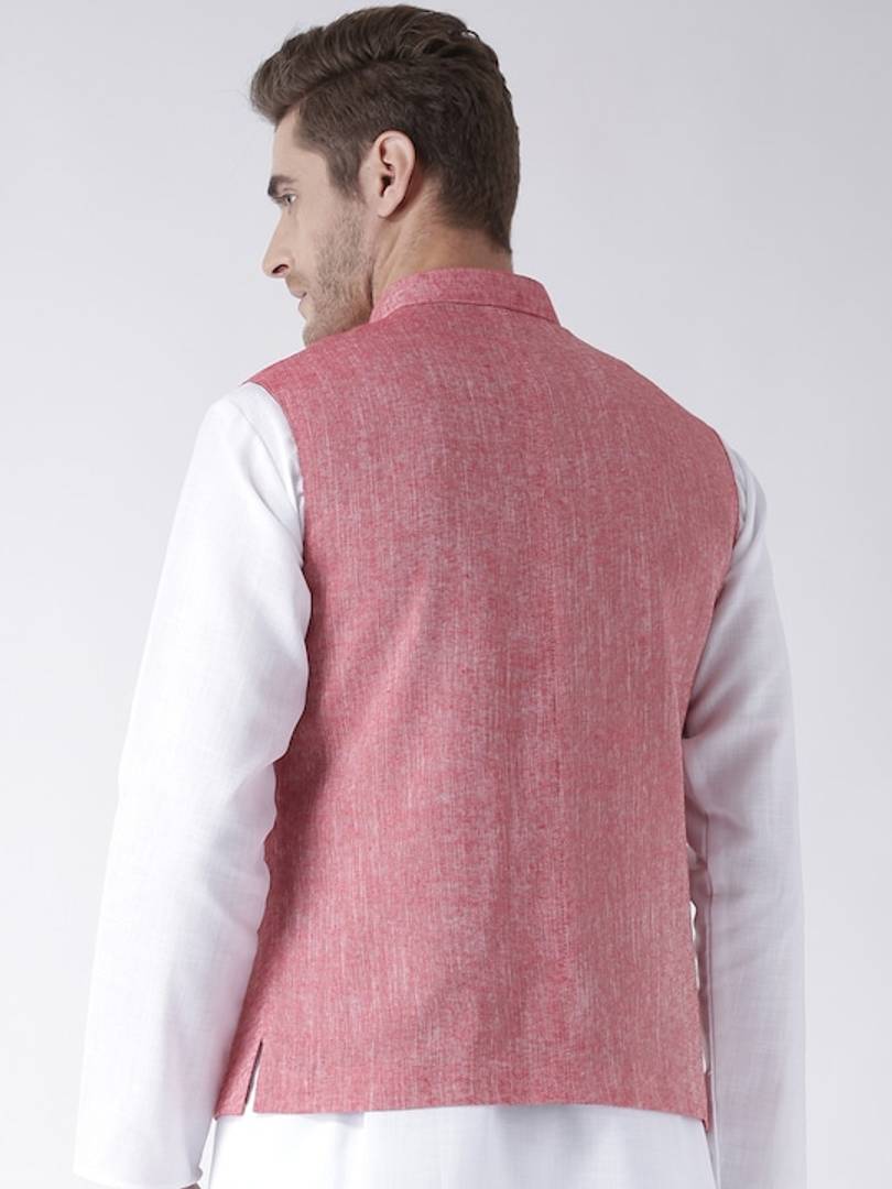 Men's Red 
Linen
 Solid
 Nehru Jackets